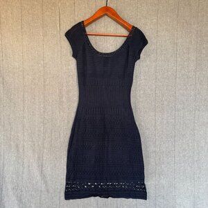 Vintage Banana Republic Navy Blue Crochet Knit Cap Sleeve Sheath Midi Dress XL